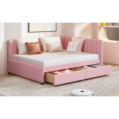 Full Size Upholstered Daybed with 2 Storage Drawers Sofa Bed Frame No Box Spring Needed, Linen Fabric (Pink)