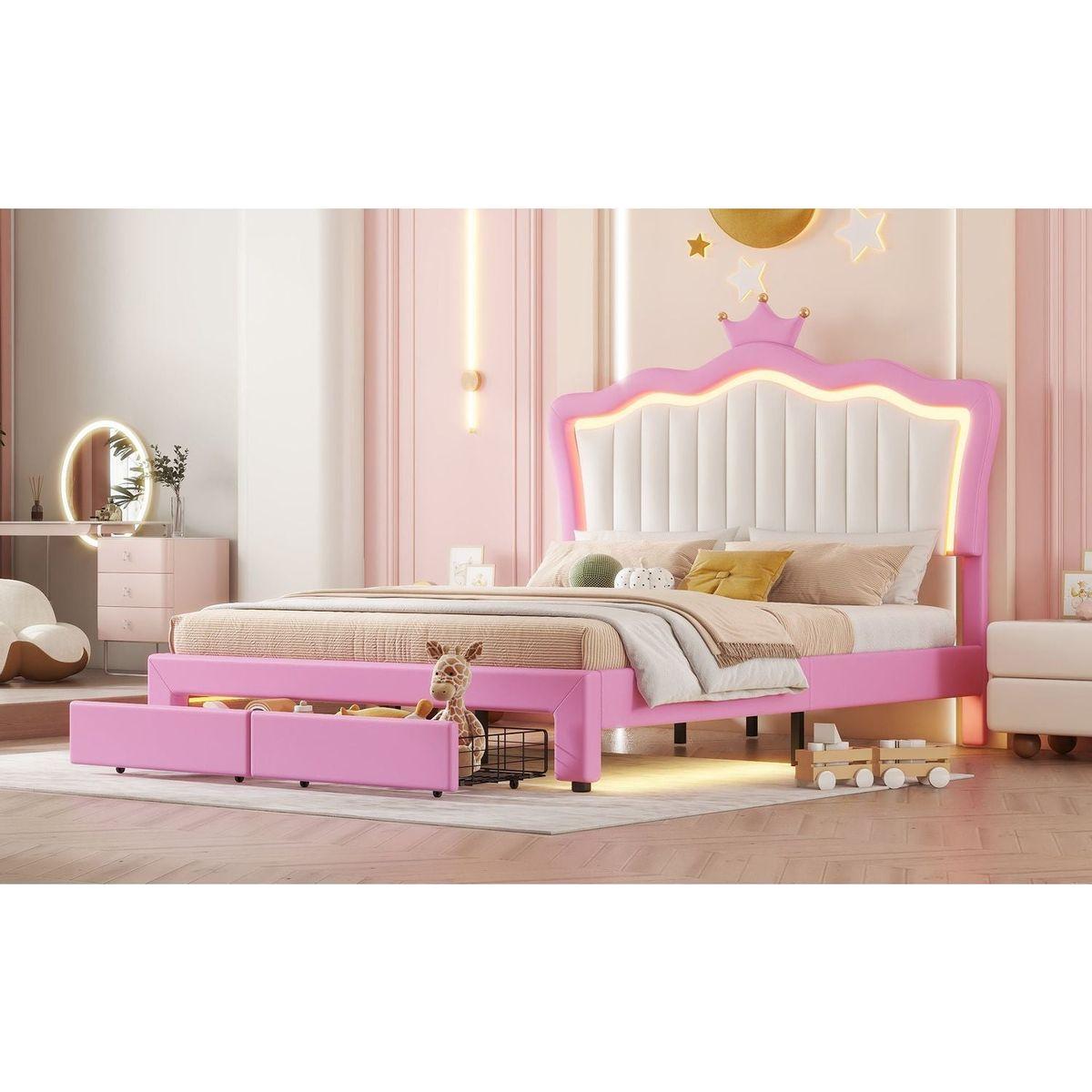 Full Size Upholstered Bed Frame with LED Lights, Modern Upholstered Princess Bed with Crown Headboard, 2 Drawers, Pink+White
