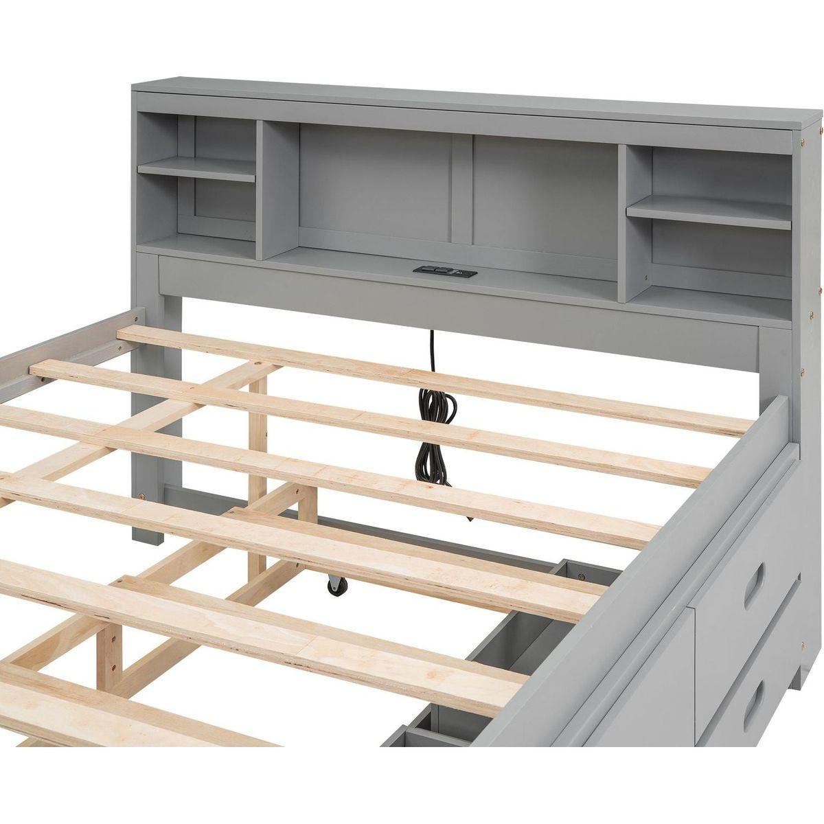 Full Size Platform Bed with Storage Headboard, USB, Twin Size Trundle and 3 Drawers, Gray