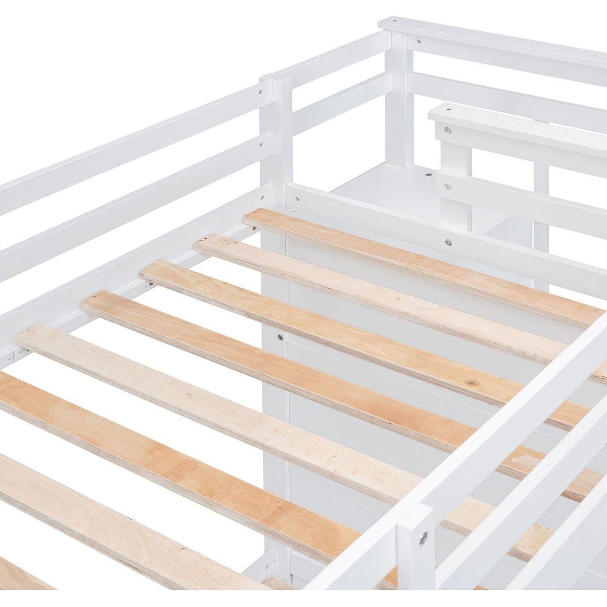 Twin Over Twin Bunk Bed with Trundle and Staircase,White