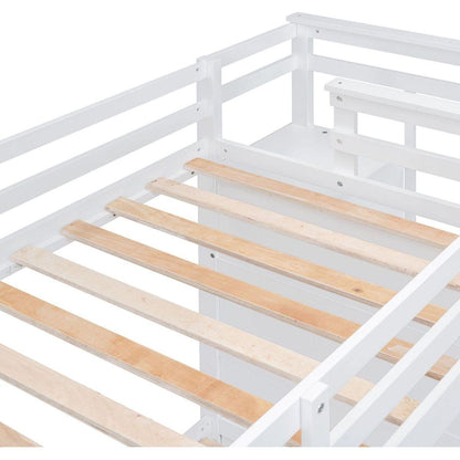 Twin Over Twin Bunk Bed with Trundle and Staircase,White