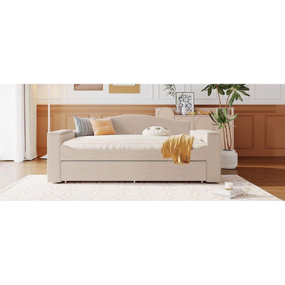 Full Size Upholstered Daybed with Storage Armrests, Trundle and Latest Integrated Bluetooth Audio System, Teddy Fleece, Beige