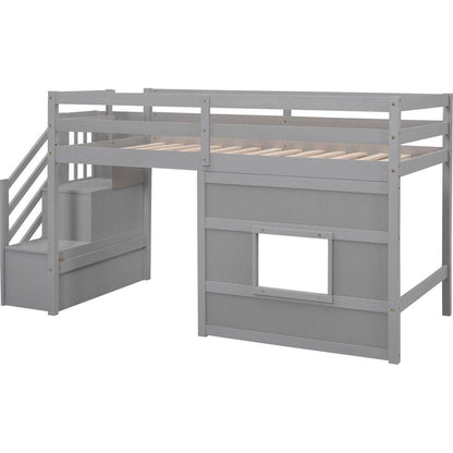 Twin Size Loft Bed with Storage Staircase and Window, Gray