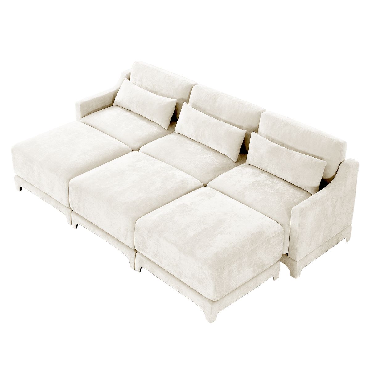 Elegant Three-Seater Sofa with Movable Ottomans, Lumbar Pillow, Chenille Fabric, Wooden Base, Beige