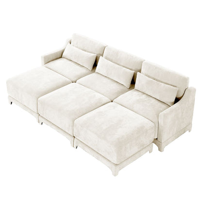 Elegant Three-Seater Sofa with Movable Ottomans, Lumbar Pillow, Chenille Fabric, Wooden Base, Beige