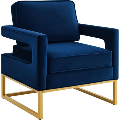 Modern Style Accent Chair with Gold Metal Base, Velvet Upholstered Leisure Chair with Open Armrest, Armchair, Navy