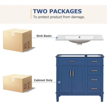 36-inch Bathroom Vanity with Resin Sink, Modern Bathroom Cabinet in Blue, Featuring Two Soft Close Doors and Four Drawers