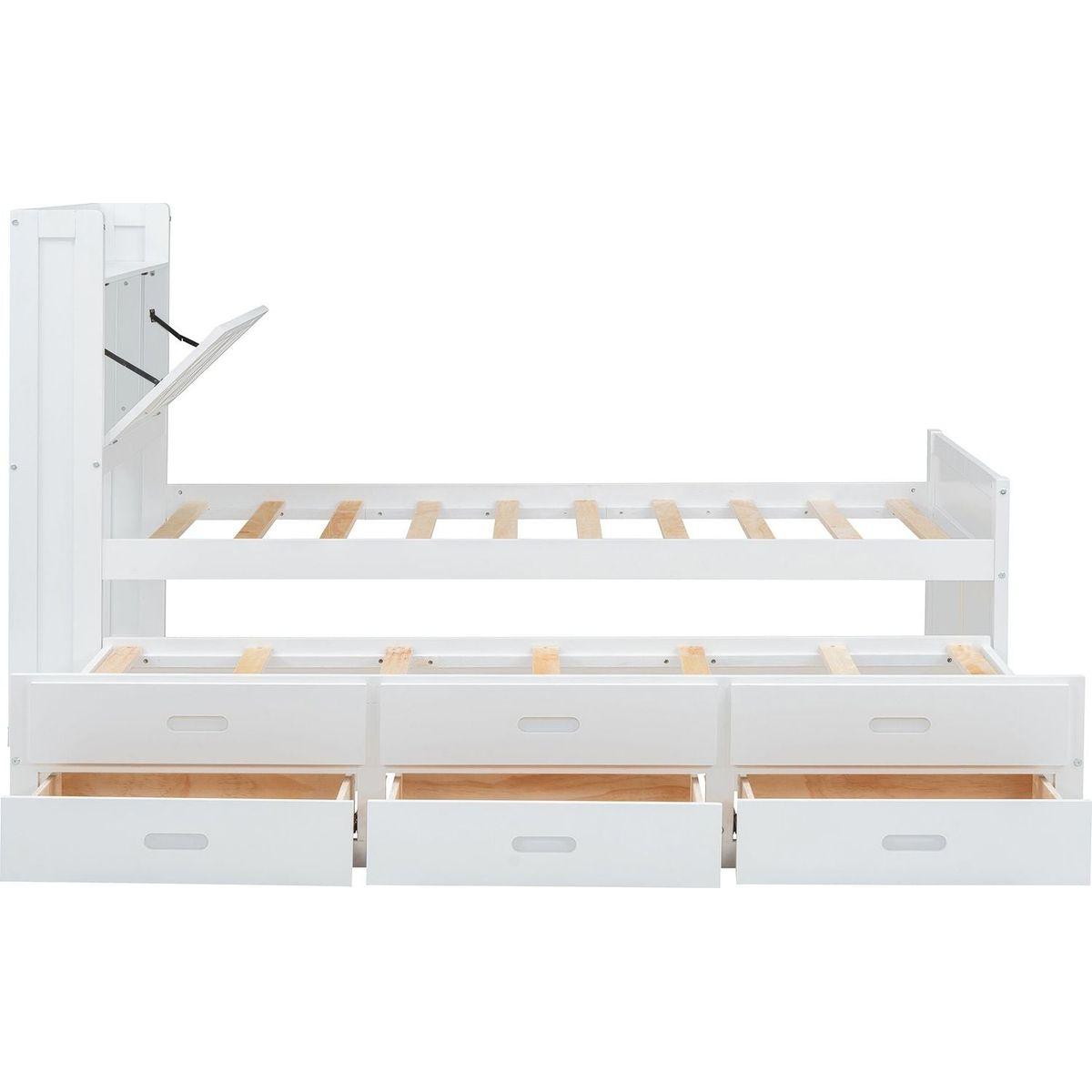 Twin Size Wooden Bed with Storage Headboard with Outlets, Extendable Bed with Twin Size Trundle with Three Storage Drawers,White