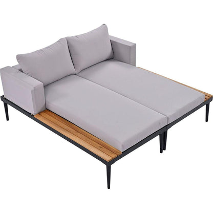 Modern Outdoor Daybed Patio Metal Daybed with Wood Topped Side Spaces for Drinks, 2 in 1 Padded Chaise Lounges for Poolside, Balcony, Deck, Gray