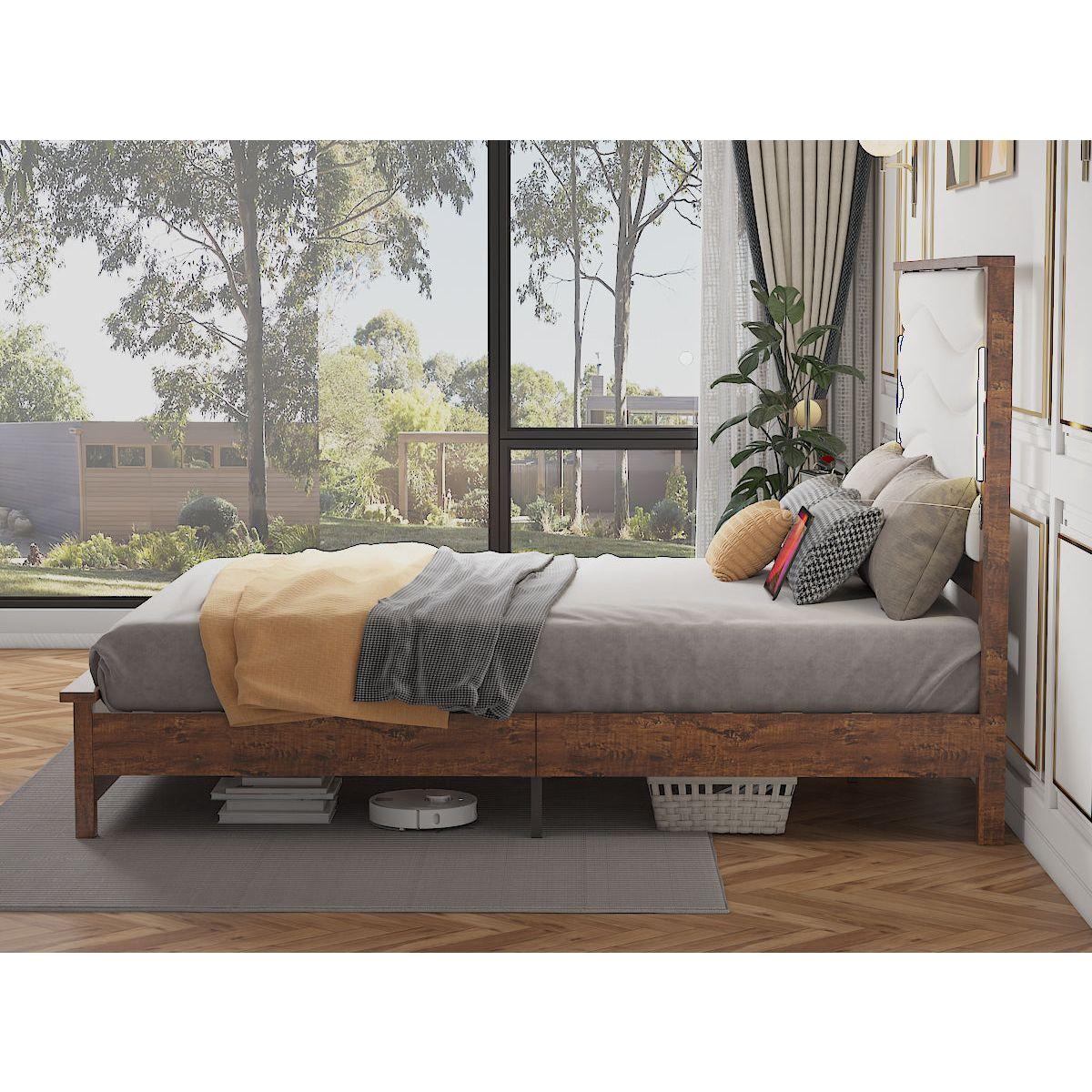King Size Bed Frame with Upholstered Headboard, King Bed Frame with Charging Station and LED Lights, Wood Slats, Dark Gray Linen, No Box Spring Needed, Easy Assembly