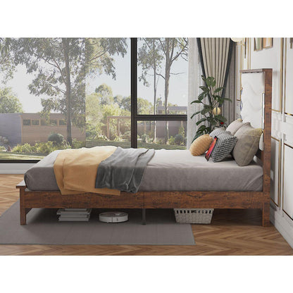 King Size Bed Frame with Upholstered Headboard, King Bed Frame with Charging Station and LED Lights, Wood Slats, Dark Gray Linen, No Box Spring Needed, Easy Assembly