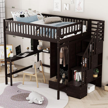Full size Loft Bed with Bookshelf,Drawers,Desk,and Wardrobe-Espresso