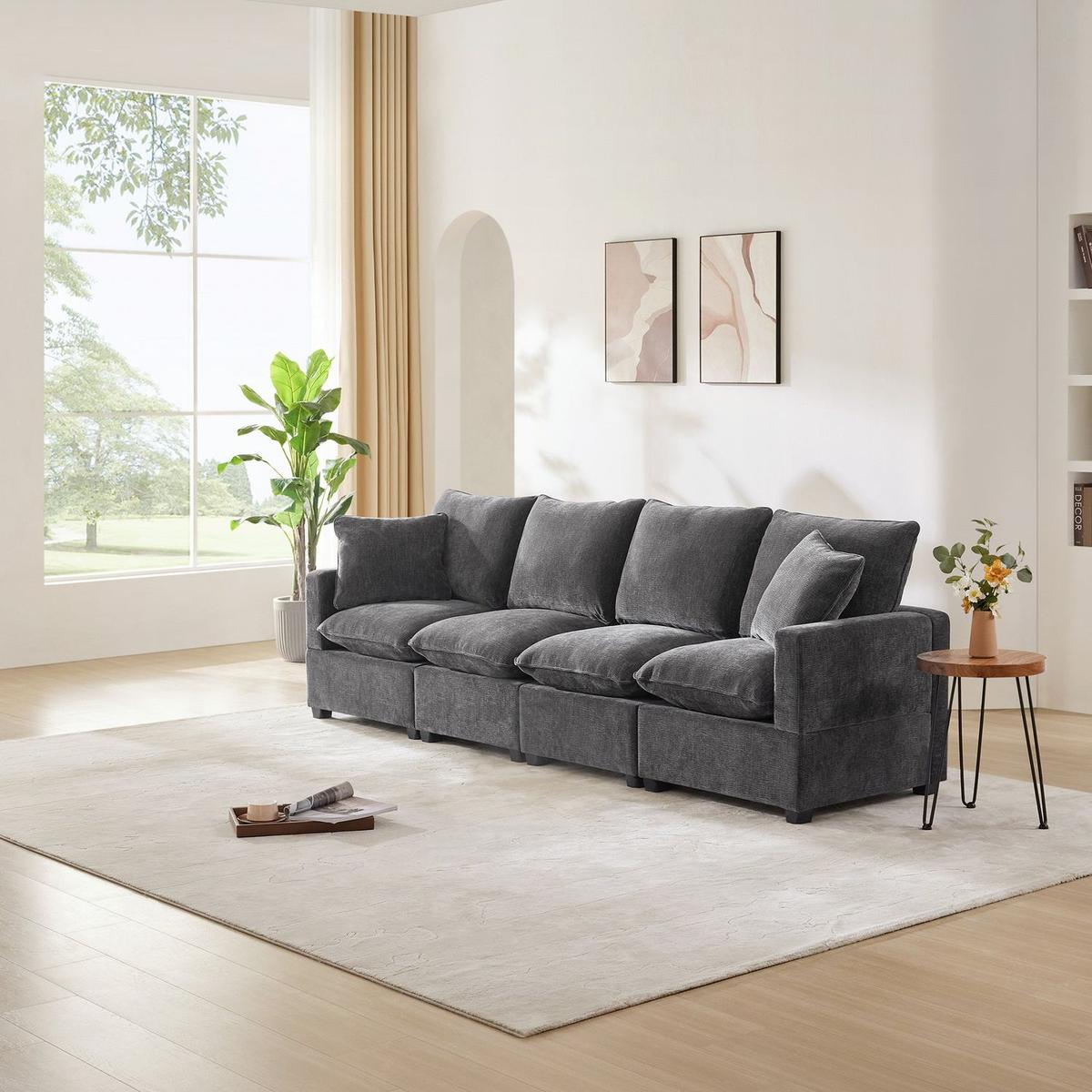 110x29" Modern Modular Sofa, 4 Seat Chenille Sectional Couch Set with 2 Pillows Included, Freely Combinable Indoor Funiture for Living Room, Apartment, Office, 2 Colors