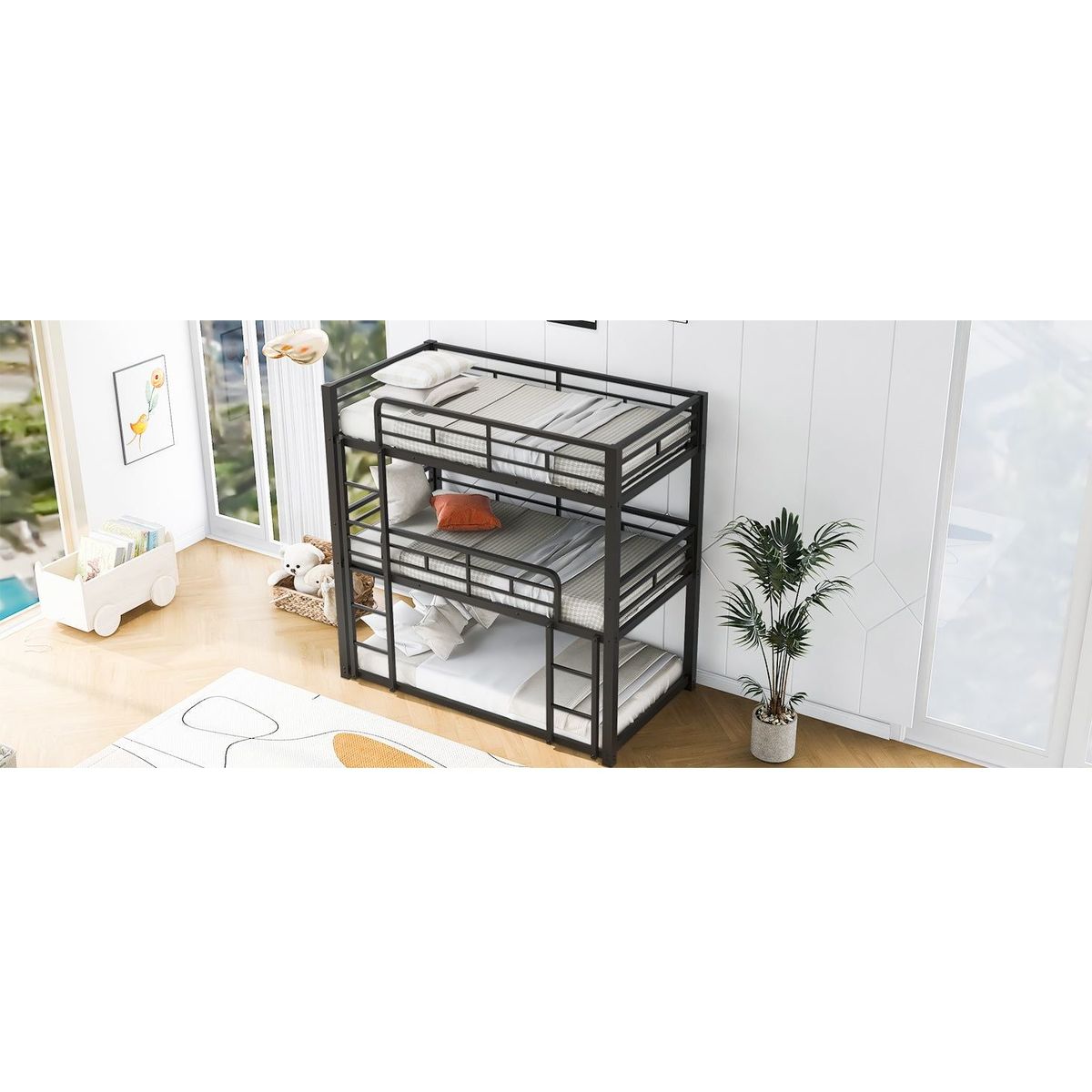 Metal Twin Size Triple Bunk Bed, Black - Streamdale Furniture