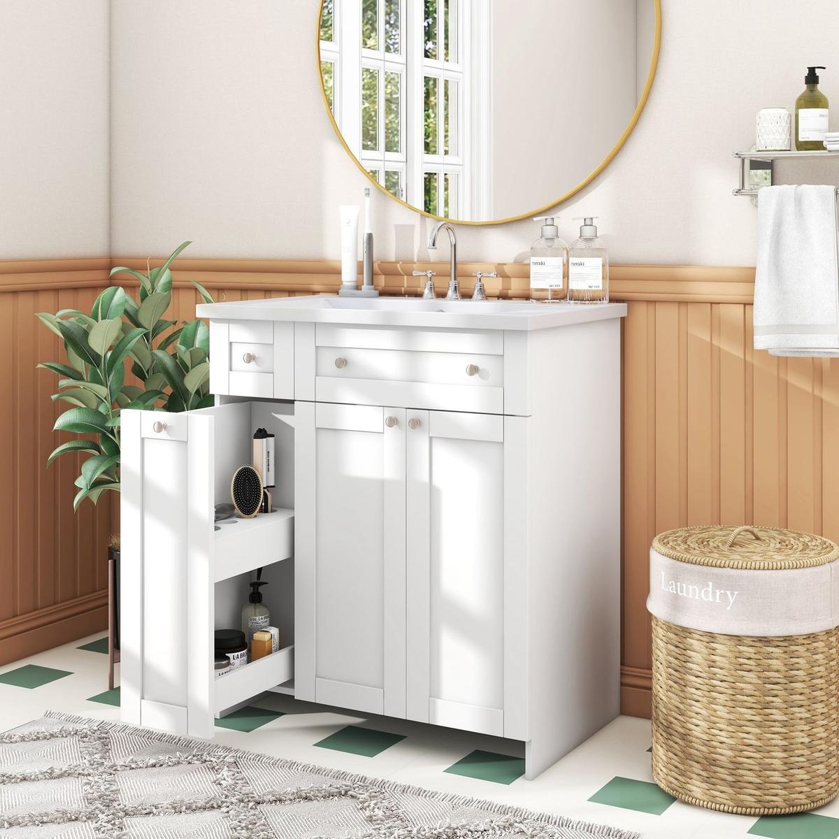 30-Inch White Bathroom Vanity with Ceramic Sink Combo, Abundant Storage Cabinet - 2 Soft close Doors and Double-tier Deep Drawer