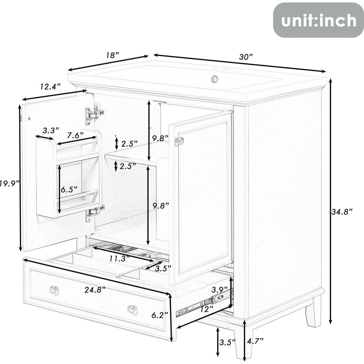 30" Bathroom Vanity with Sink Combo, Multi-functional Bathroom Cabinet with Doors and Drawer, Solid Frame and MDF Board, White