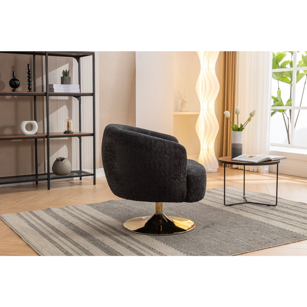 Chenille Fabric Accent Swivel Chair With Gold Metal Round Base,Black