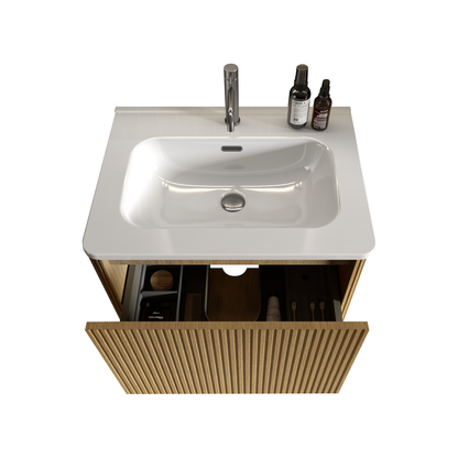 U055-Etna24W-306 Etna 24" Striped Natural Oak Bathroom Vanity with White Ceramic Sink, Wall Mounted Floating Bathroom Vanity for Modern Bathroom, Pre-assembled