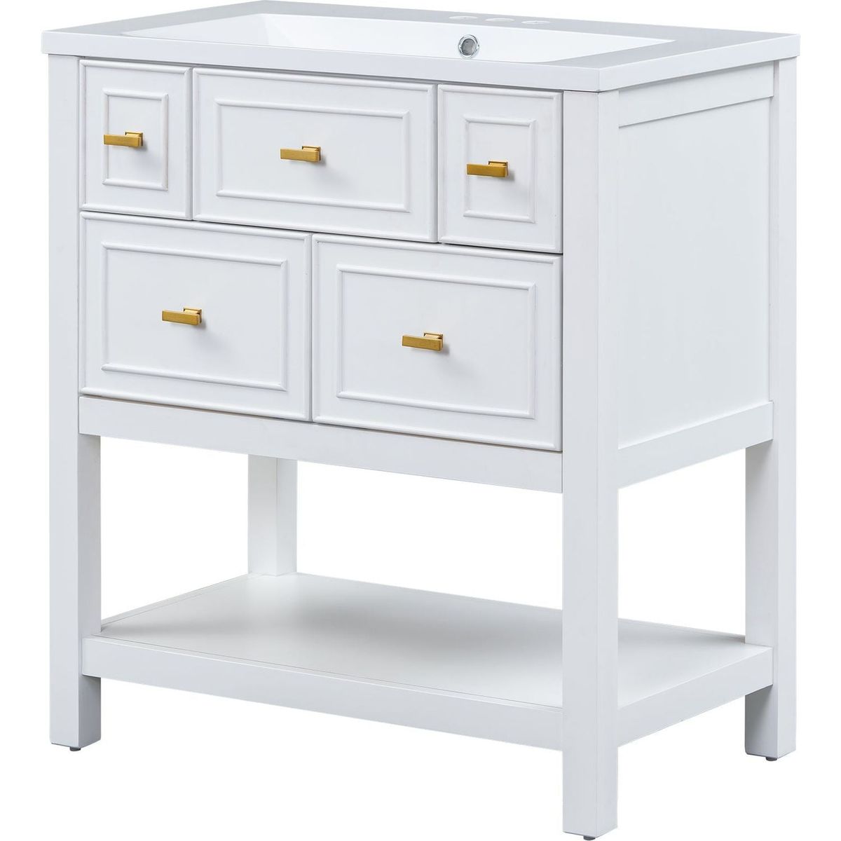 30" Bathroom Vanity with Resin Sink Combo, Free Standing Single Vanity Set with 5 Drawers, Solid Wood Frame Bathroom Storage Cabinet, White