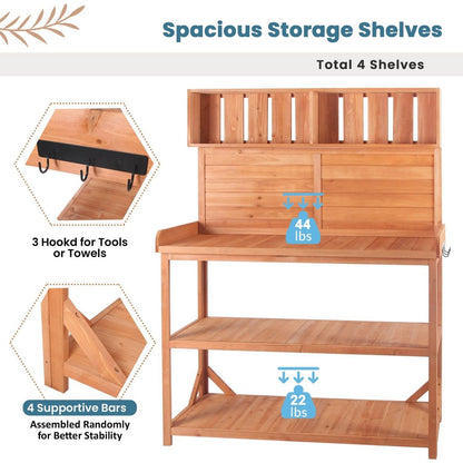 65" Large Wooden Farmhouse Rustic Outdoor Potting Bench Table, Patio Workstation, Garden Potting Bench with 4 Storage Shelves and Side Hook,Natural