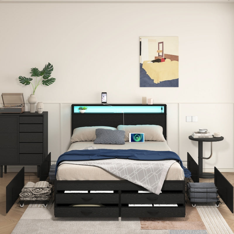 Queen Size Bed Frame with 8 Storage Drawers, LED Headboard with Charging Station, Metal Platform Bed Frame, No Box Spring Needed, Noise-Free, Stable and Solid, BLACK