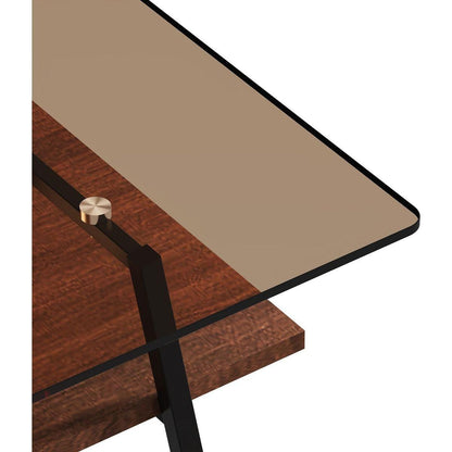 Rectangle Coffee Table, Tempered Glass Tabletop with Black Metal Legs, Modern Table for Living Room, Brown Glass