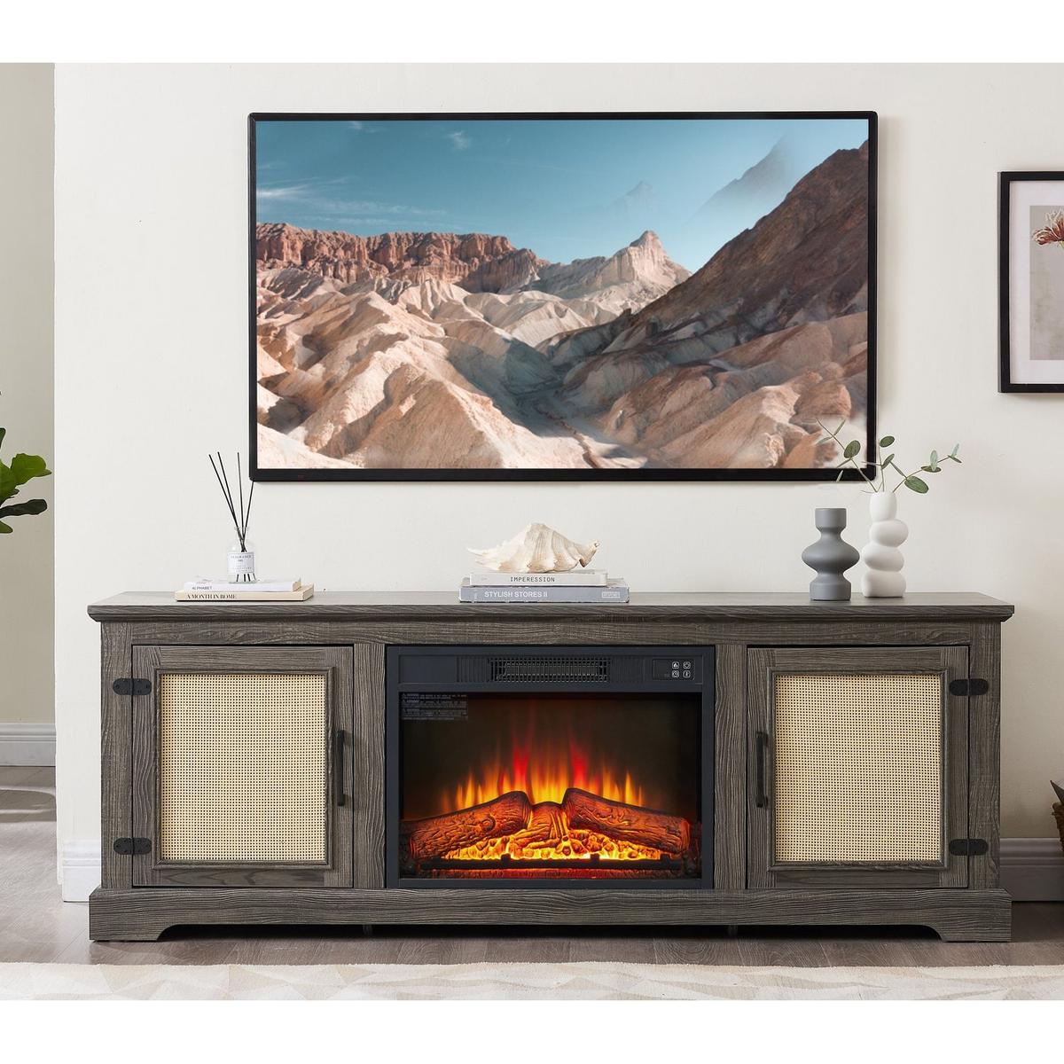 Natural Rattan Door Cabinet with Adjustable Shelf Wood, Farmhouse Rattan TV Stand Console Table for TVs up to 70 Inches, Storage tv stand with 23" fireplace insert, 65"Wx15.55"Dx23.86"H,GREY