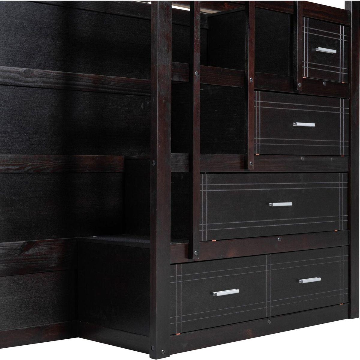 Full Over Full Bunk Bed with Twin Size Trundle and Staircase, Espresso