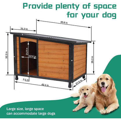 46"Dog House Outdoor & Indoor Wooden Dog Kennel for Winter with Raised Feet Weatherproof for Large Dogs(Gold red and black)PVC waterproof roof(L)