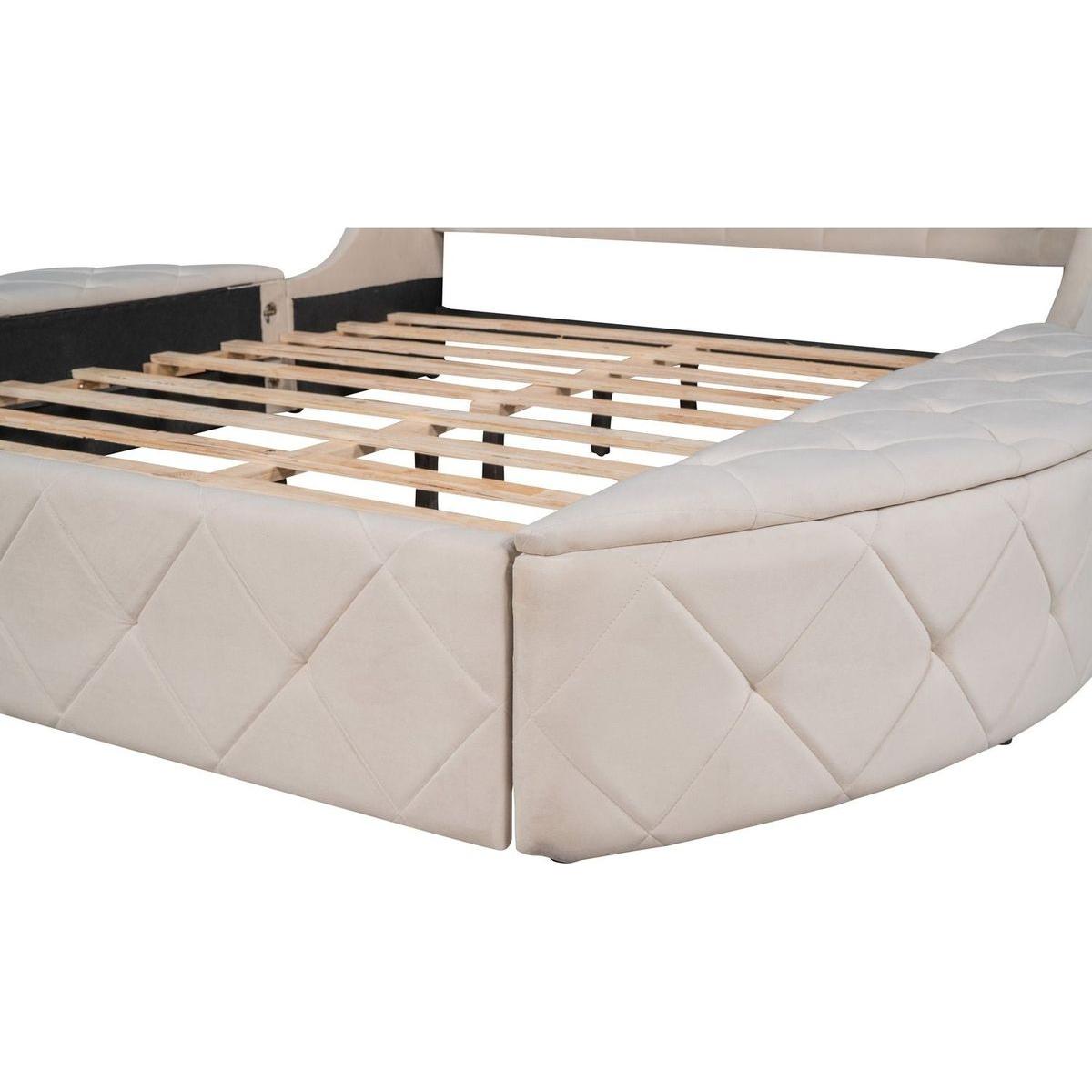 Upholstered Platform Bed Queen Size Storage Velvet Bed with Wingback Headboard and 1 Big Drawer,2 Side Storage Stool(Beige)
