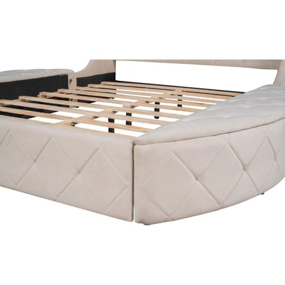 Upholstered Platform Bed Queen Size Storage Velvet Bed with Wingback Headboard and 1 Big Drawer,2 Side Storage Stool(Beige)