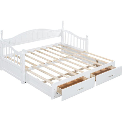 Wooden Twin Size Daybed with Twin Size Trundle, Extendable Daybed with Two Storage Drawers,White