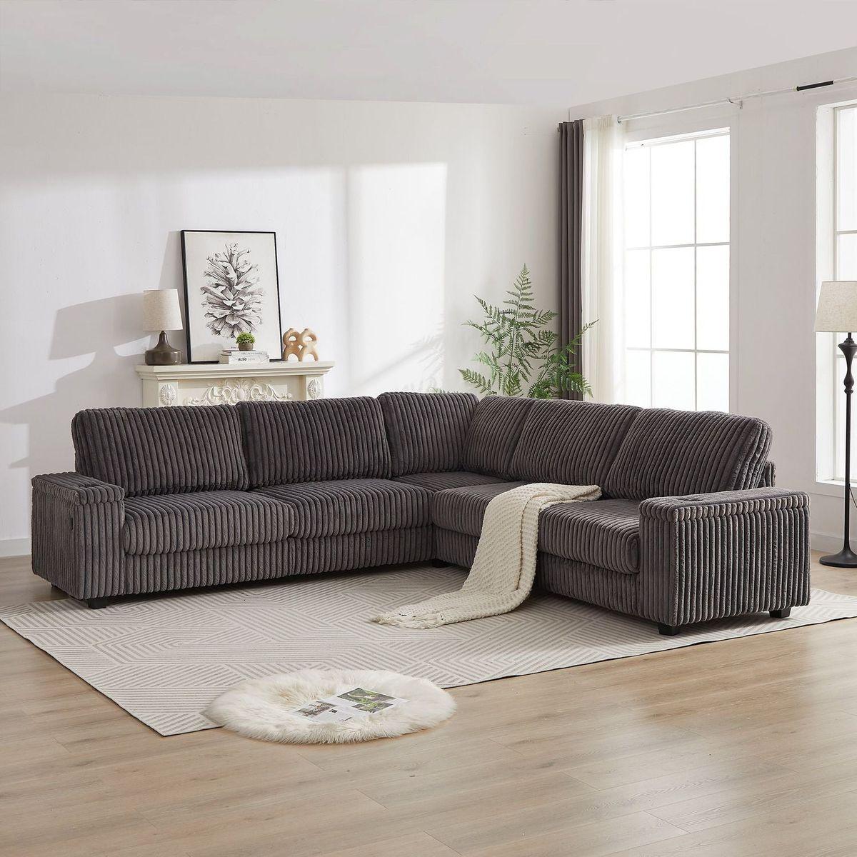 Inch Oversized Corduroy Corner Sofa,L Shaped Corner Couch with two storage spaces,USB port & T-pyce port and Cup-holder, Deep Seat Comfy Upholstered Couches for Living Room(Not freely combinable)