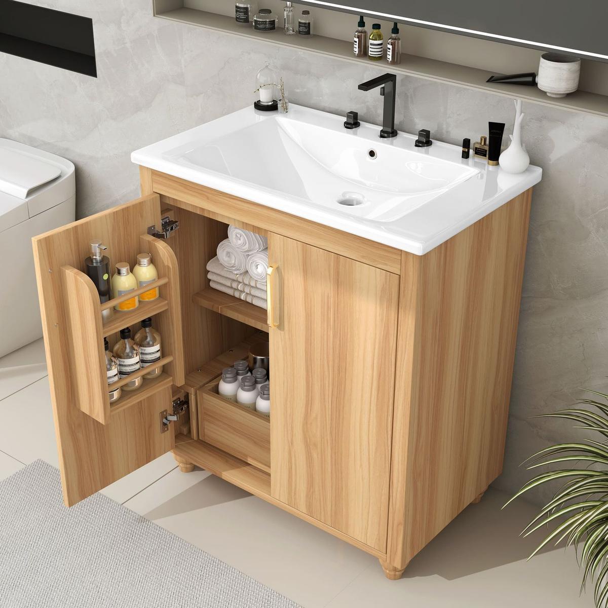 30" Bathroom Vanity with Sink Combo, Multi-functional Bathroom Cabinet with Doors and Drawer, MDF Board, Natural