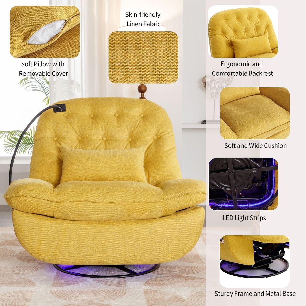 270 Degree Swivel Power Recliner with Voice Control, Bluetooth Music Player,USB Ports, Atmosphere Lamp, Hidden Arm Storage and Mobile Phone Holder for Living Room, Bedroom, Apartment, Yellow