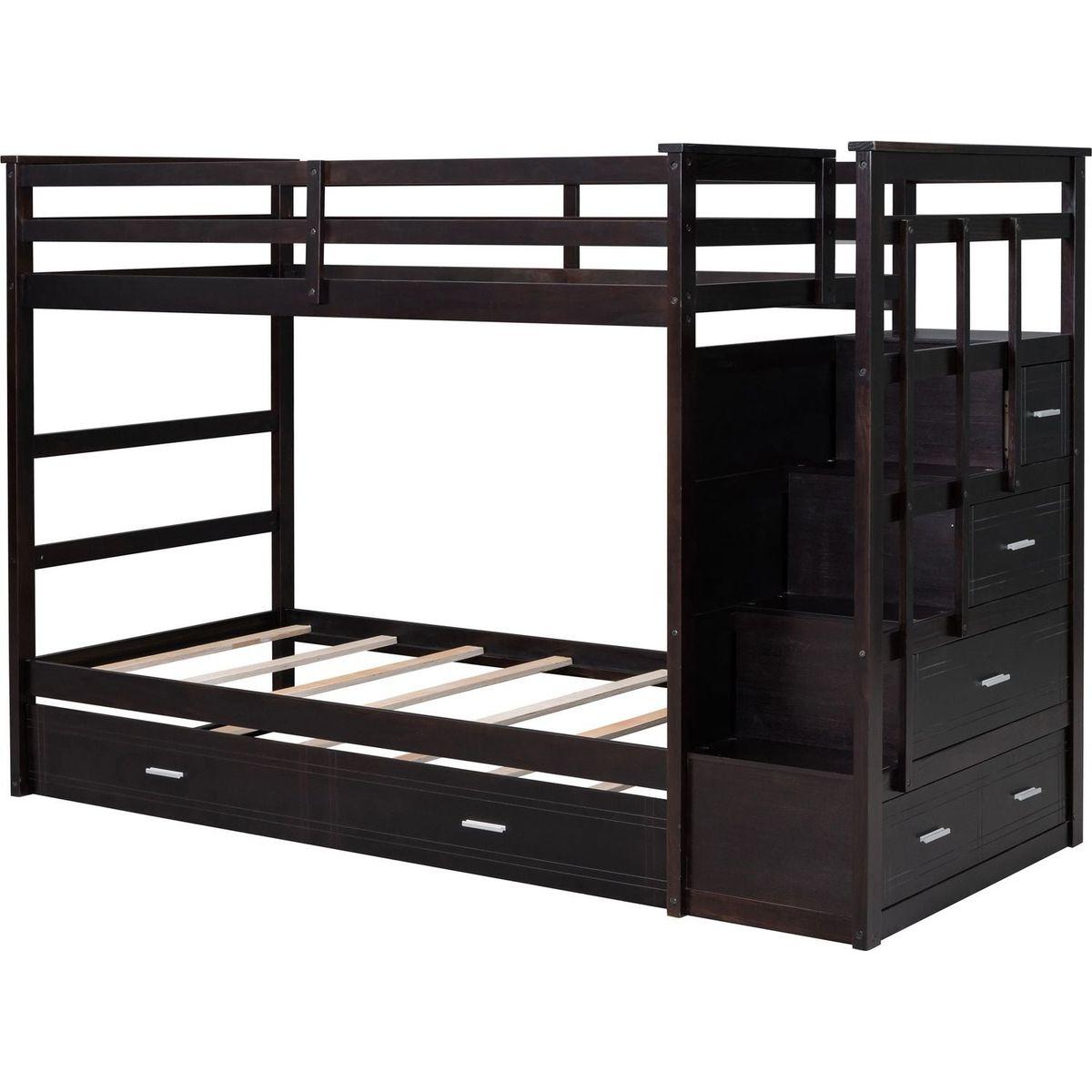 Twin Over Twin Bunk Bed with Trundle and Staircase,Espresso