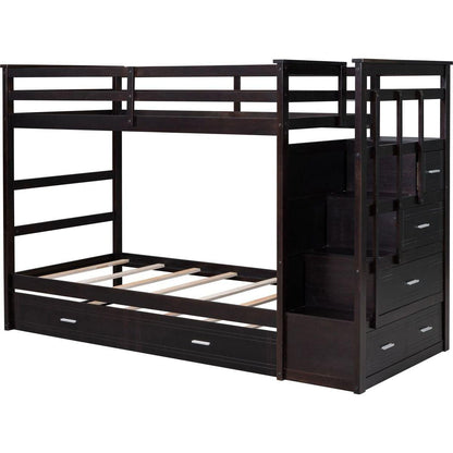 Twin Over Twin Bunk Bed with Trundle and Staircase,Espresso