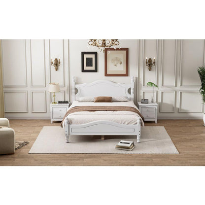 Full Size Wood Platform Bed Frame,Retro Style Platform Bed with Wooden Slat Support,White