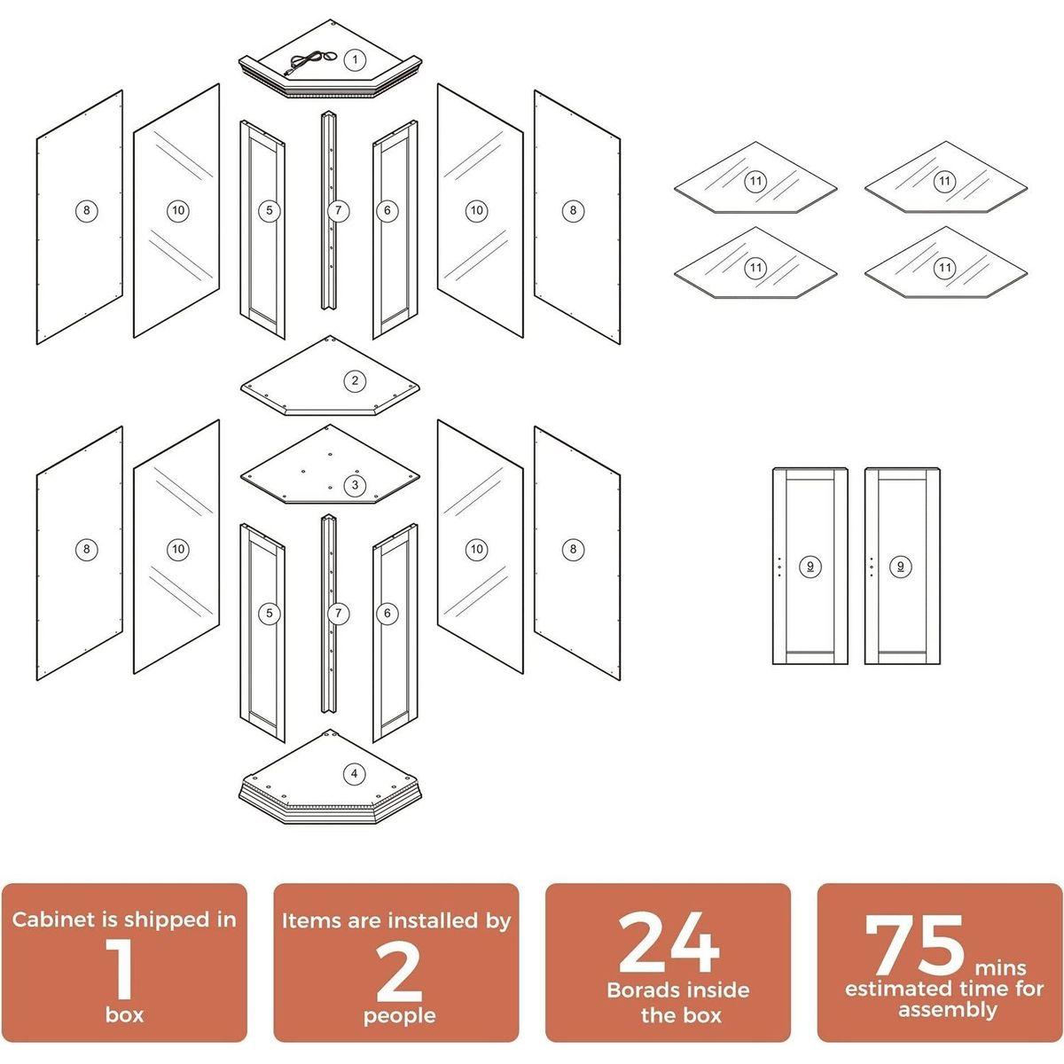 Corner Curio Cabinet with Lights, Adjustable Tempered Glass Shelves, Mirrored Back, Display Cabinet,Oak (E26 light bulb not included)