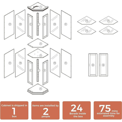 Corner Curio Cabinet with Lights, Adjustable Tempered Glass Shelves, Mirrored Back, Display Cabinet,Oak (E26 light bulb not included)