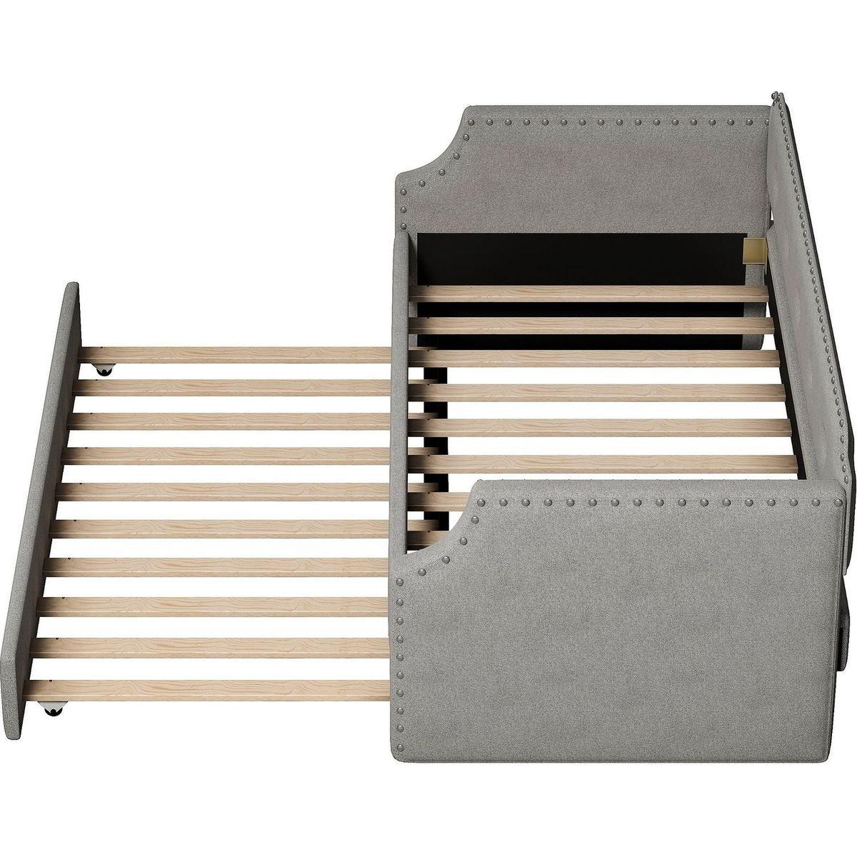 Upholstered Daybed with Trundle, Wood Slat Support,Upholstered Frame Sofa Bed, Twin,Gray