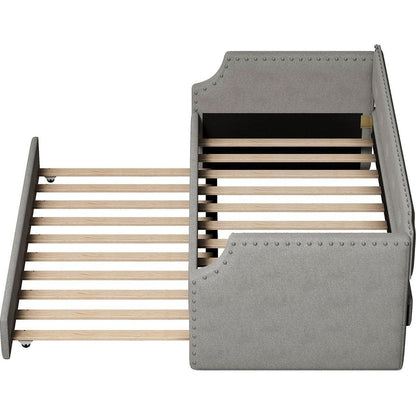 Upholstered Daybed with Trundle, Wood Slat Support,Upholstered Frame Sofa Bed, Twin,Gray