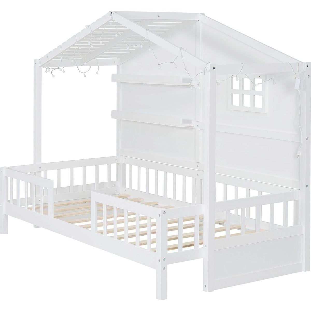 Twin Size House Bed with Shelves, House Bed with Window and Sparkling Light Strip on the Roof, White