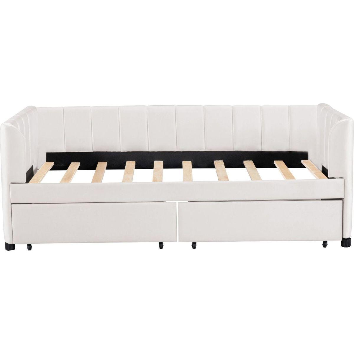 Twin Size Upholstered Daybed with Ergonomic Design Backrest and 2 Drawers, Beige