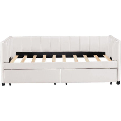 Twin Size Upholstered Daybed with Ergonomic Design Backrest and 2 Drawers, Beige