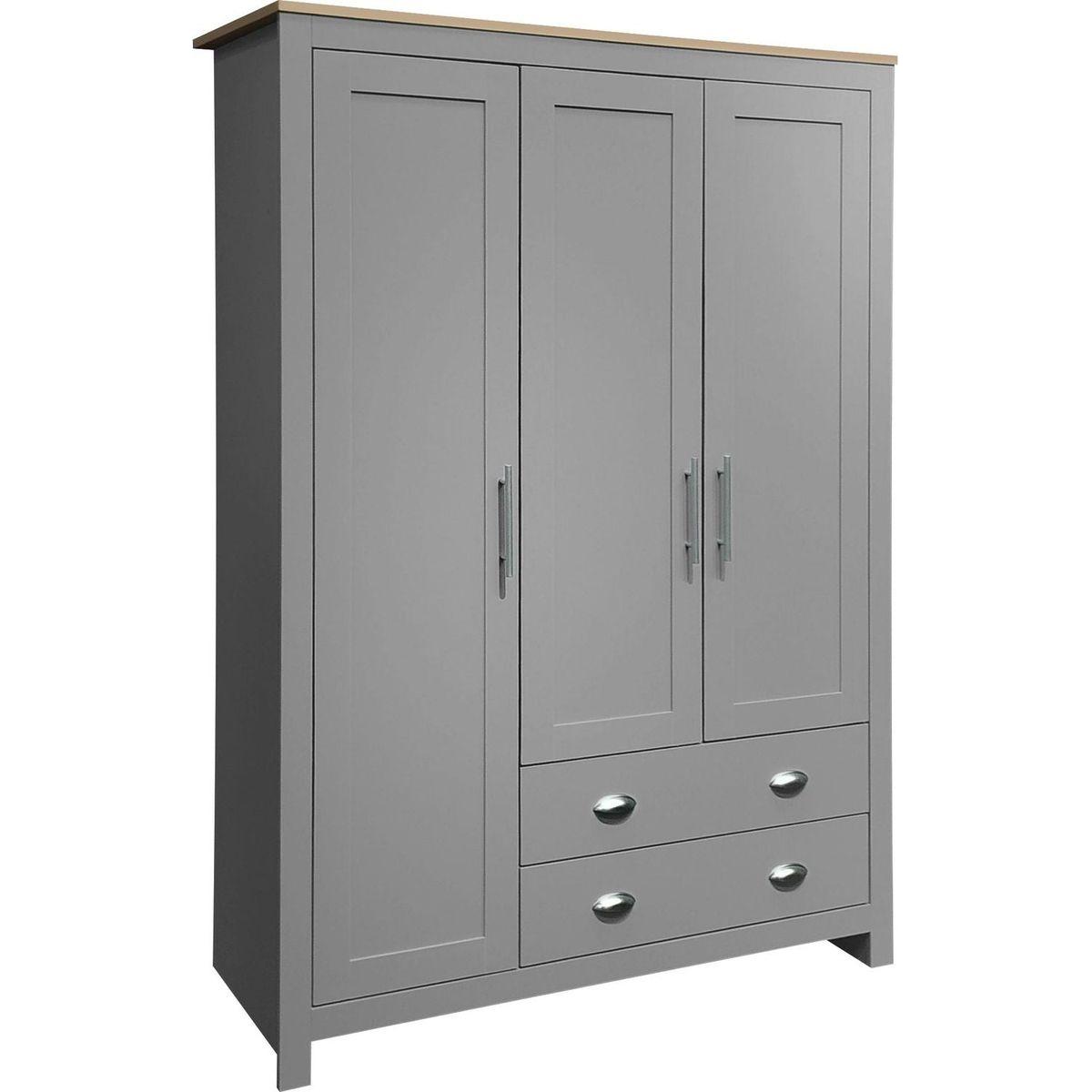 Three Door Storage Wardrobe with Cabinets and Two Hanging Rods,Gray