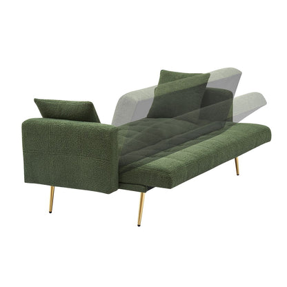 Elegant Green Teddy Fleece Sofa Bed with Two Charming Throw Pillows, Metal Legs, 71.7 Inches