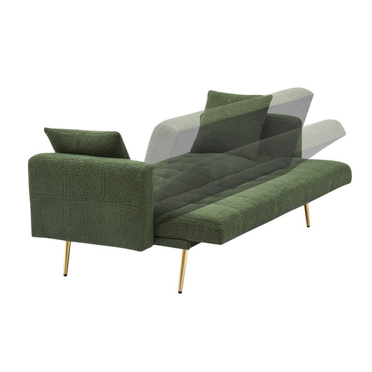 Elegant Green Teddy Fleece Sofa Bed with Two Charming Throw Pillows, Metal Legs, 71.7 Inches