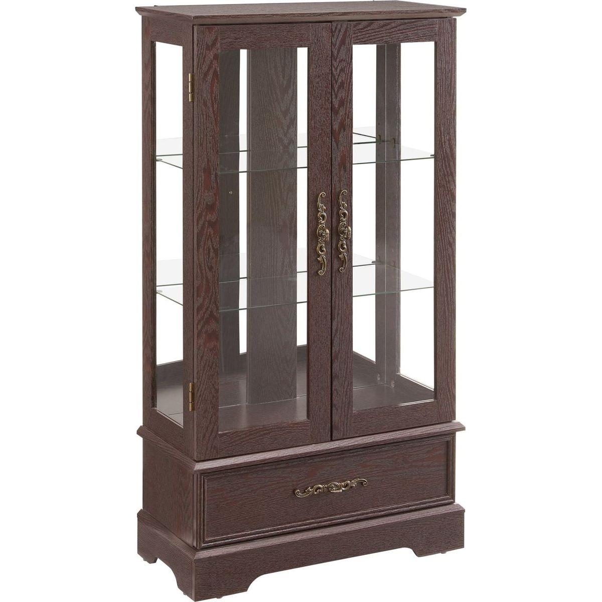 Glass Cabinet Lighted Glass Cabinet Curio Display Cabinet with Adjustable Glass Shelves 2 Doors and 1 drawer Cabinet Bulb Included Cherry