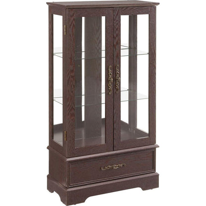 Glass Cabinet Lighted Glass Cabinet Curio Display Cabinet with Adjustable Glass Shelves 2 Doors and 1 drawer Cabinet Bulb Included Cherry